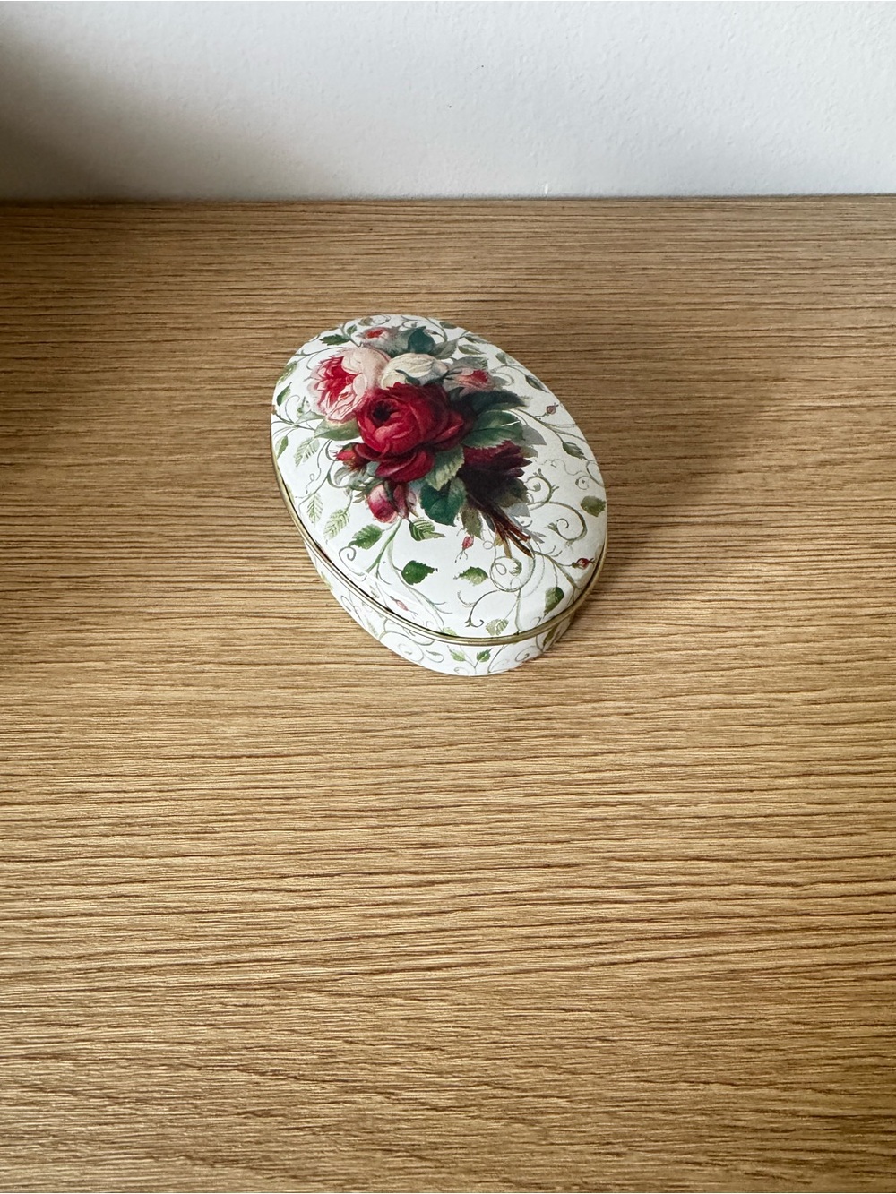 Oval Floral Tin Trinket Box with Red Rose Design